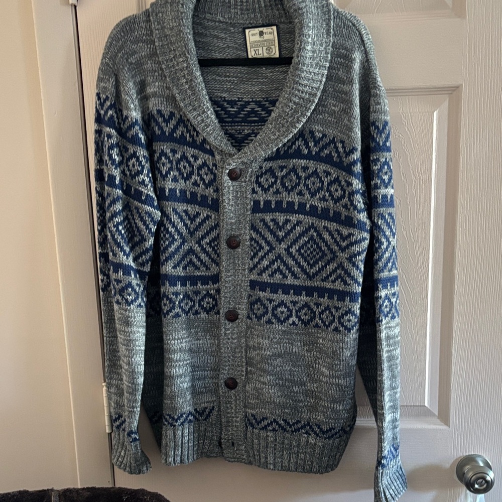 Shawl Collar Button-Up Sweater Cardigan - Gray & Navy